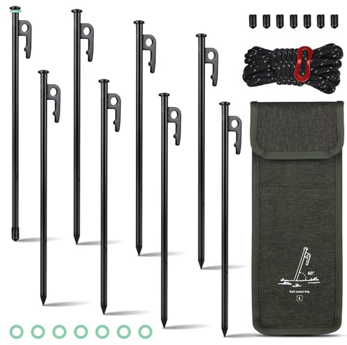 EFUTURETIME 8 x Picchetti Stabile 30 cm Picchetti per Tenda a Prova di Tempesta, Ancoraggio a Terra da Campeggio in Acciaio Inox con 8 Anelli Luminosi e Corda da 4 m