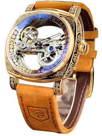 FORSINING Men's Luxury Square Carving Mechanical Watch, Retro Totem Double Sided Hollow Skeleton Self-Wind Automatic Watches, Vintage Leather Strap Wristwatch Reloj para Hombre
