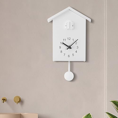 HAMON Horloge murale à coucou avec voix d'oiseau, moderne avec pendule, décorative vintage pour la maison, le salon, la cuisine, le bureau (blanc, 22,3 x 13,5 x 28,5 cm)