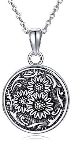 Medallón de girasoles, cadena redonda, medallón para abrir para fotos, plata de ley 925, medallón de girasol, cadena con imagen desplegable, regalos para mujeres, niñas, niños, Plata esterlina