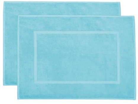 ZOLLNER 2er Set Badematten in 50x70 cm - saugstarke und Flauschige Badvorleger aus Baumwolle - bis 60°C waschbar - für Fußbodenheizung geeignet - in blau - Hotelqualität