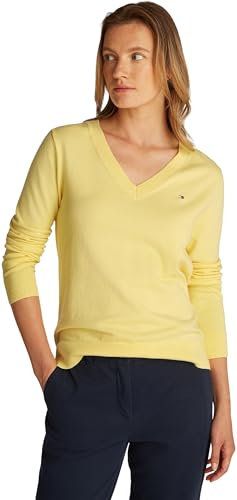 Tommy Hilfiger Damen Pullover Jersey V-Neck Strickpullover, Gelb (Citronella), XL