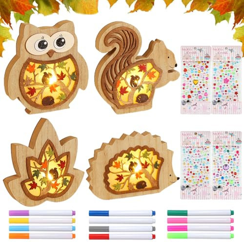 4 PCS Herbst Dekoration LED Herbstblätter,LED-Stimmungsleuchten Herbst,Herbst Deko Leuchten aus Holz,Hölz Herbst Dekoration Lampe,Herbstdeko Lampe,Fall Decor Tisch Fenster für Party Erntedankfest Deko