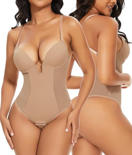 SHAPERIN Rückenfrei Formende Bodysuit Damen Shapewear Bauchweg Body mit Push Up BH Body Shaper Tiefer U Ausschnitt Beige M