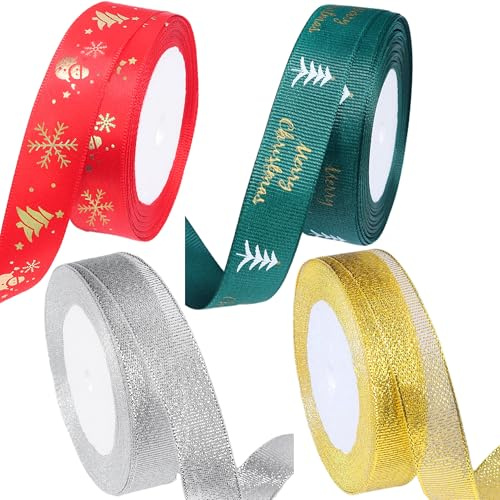 Christmas Ribbon, 20mm Xmas Satin Ribbon for Gift Wrapping, 4 Rolls 70 Yards Xmas Gifts Ribbons for Christmas Wrapping, Wedding, Valentine Ribbon, X-mas Decoration DIY Crafts