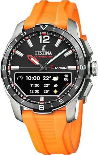 Festina Reloj Inteligente Hombre Híbrido Connected D de Caucho Naranja - Analógico Inteligente F23000/D - Control Música, Cuenta Pasos, Notifica y Rechaza Llamadas - hasta 10 Días de Batería