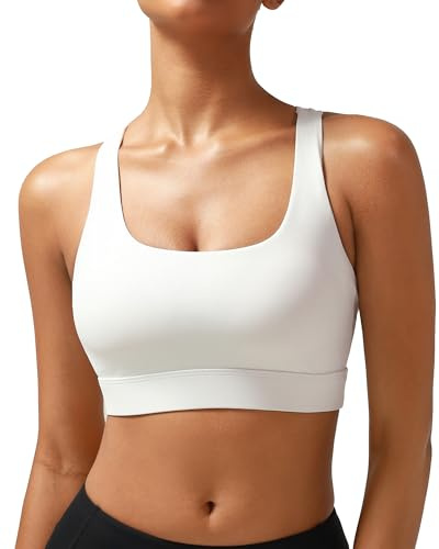RUNNING GIRL High Impact Sports Bras for Women - Scoop Neck Strappy Sports Bra High Support Moulded Cup Workout Bra(WX3022 White L)