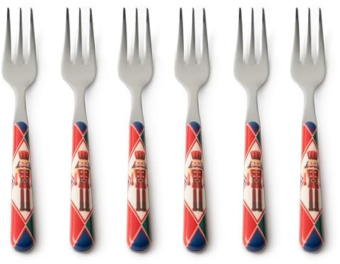 Excelsa Vintage Christmas Set 6 Forchettine per Dolci, Acciaio Inox, Cm. 15, Decoro Natalizio