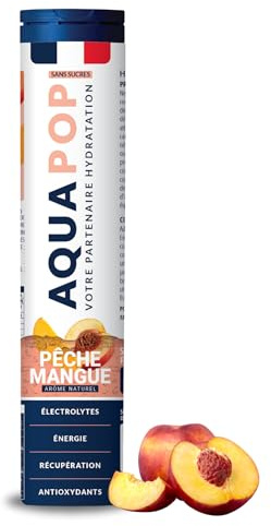AQUAPOP - Pastilles électrolytes - Sans Sucres - Favorise l'hydratation et l'énergie - 20 Comprimés Minéraux et Vitamines - Sport & Bien-être (Pêche-Mangue)