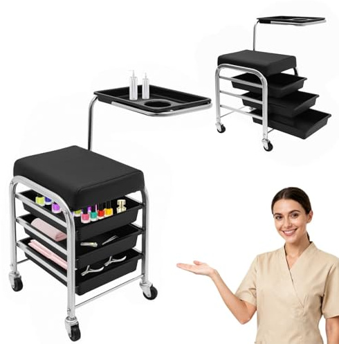HuKaiL Carrello per manicure con ruote, carrello da salone 53 – 77 cm, altezza regolabile con ripiani a 3 livelli, carrello per manicure per la cura della bellezza con capacità di carico di 100 kg, 31