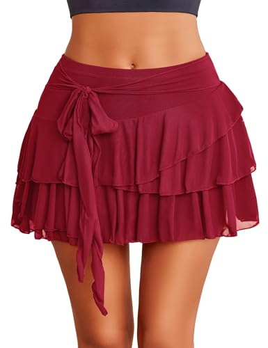 Avidlove Women's Mini Skirt Mesh Flowy Hem Y2K Skirts Multi-Layer Ruffle Trim Lingerie Skirt Wine Red S