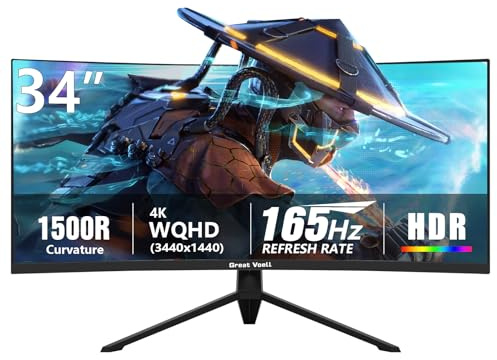Great voell 34 Zoll Curved Gaming Monitor, Ultrawide WQHD (3440 x 1440), 165Hz, 1500R Krümmung, 127% sRGB, HDR10, FreeSync, 4000:1 Kontrast, VA Panel,VESA 100x100 mm, für Home-Office & Multimedia