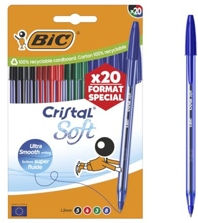 BIC Cristal Soft Stylos-bille Pointe Moyenne (1,2 mm) Édition Spéciale - Couleurs d’encre assorties, pack de 20