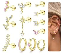 ORAZIO 16G Helix Piercing Jewelry Flat Back Cartilage Earrings for Women Hypoallergenic Surgical Steel Gold Stud Hoop Cartilage Earring Set Daith Conch Tragus Piercing Jewelry Flatback Single Pink