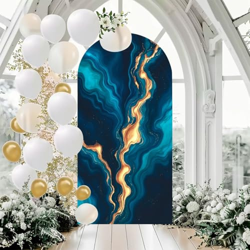 7.2 Ft Wedding Arch Backdrop Cover Pastel Cyan Mint Liquid Marble Watercolor Gold Lines Brush Stains Teal Double Sided Spandex Fitted Arch Covers Stretchy Backdrop for Birthday Party, Baby Shower