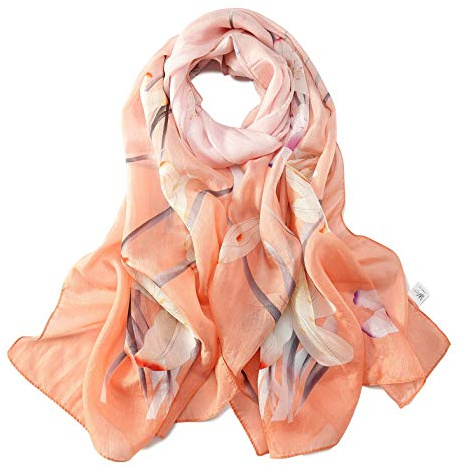 JWSilk Sciarpa lunga in chiffon di seta con stampa floreale, Arancio 2, 69x26