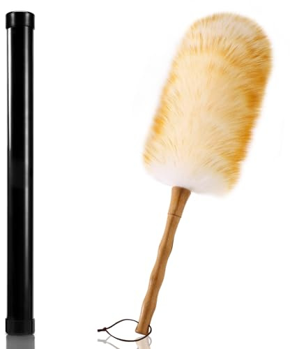 GRNVDWN Lambs Wool Duster with Solid Bamboo Handle,Leather Hang Strap,18.9 inch Long,Natural Feather Duster for Cleaning Ceiling Fans,Window Blinds,Computer Screens,Bookshelves etc