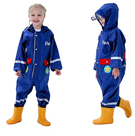 Baogaier Puddle Suit Boys Raincoat Hooded Rainsuit Toddlers Waterproof Onesie Rain Coverall Poncho Jumpsuit Rainwear Jacket Blue Animal Transparent Hat Brim Reflective for Kids Children Age 2-4 Years