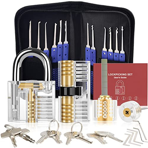 Diyife 37 Stück Lockpicking Set, [Schwierigkeit Upgrade] Dietrich Set mit 4 Transparente Schlösser und 4 Schwarze Verschlusshülsen, Handbuch für Anfänger und Professionelle Schlosser - Blau