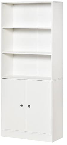 HOMCOM Estantería Librería con 3 Compartimentos Abiertos y 1 Armario con Estante Ajustable Almacenaje para Salón Estudio 70x29,5x167 cm Blanco