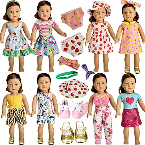 HOAKWA American Doll Clothes and Accessories for 18 Inch Doll, 18 Clothes Dress, Total 19 Pcs Including 8 Sets of Clothing Outfits with Shoes, Underwear, Headband, and Cap (Not Include The Doll)