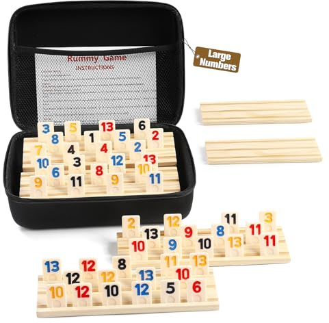 Rummy Cube 6 Player Edition with 6 Wooden Racks/Trays, 160 Large Numbers Rummy Tiles Set with Zippered Case, Rummy Travel Game Set with 6 Tiles Holders - Classic Board Games for Family Adults Kids