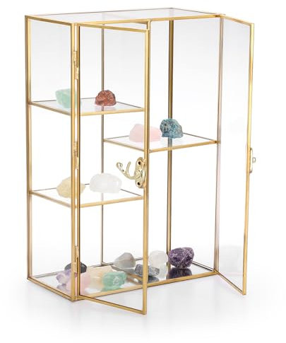 TOLIDA Gold Brass Glass Display Organizer Cabinet with Doule Doors and Lock - 5 Slots Tabletop Storage Holder, Figures Display Case, Decorative Tower Box for Gemstones Agates Rocks Amber