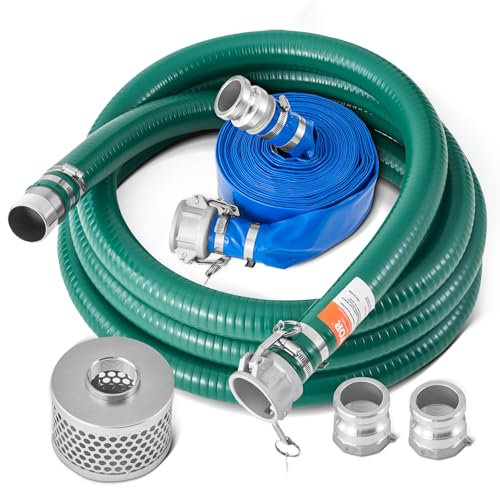 VEVOR Kit Tubo di Aspirazione per Pompa dell'Acqua, con Tubo Controlavaggio Blu 50,8 mm x 19,81 m, Tubo di Aspirazione 6096 mm Verde e Filtro a Foro Tondo, Camlock, Fascette Stringitubo, Adattatore