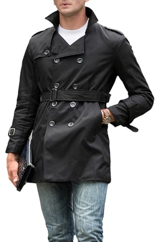 amropi Hommes Trench-Coat à Double Boutonnage Veste avec Ceinture Bouton Coupe-Vent Manteau Noir, M