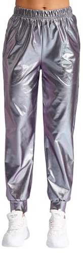 Aislor Pantaloni Metallici Lucidi da Donna Anni '80 '90 Pantalone da Jogging Casual Pantaloni da Danza Hip Hop Jazz Disco Carnevale Clubwear Streetwear Grigio M