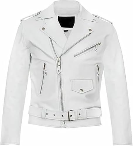 ZM ATTIRE Chaqueta de piel auténtica estilo motociclista clásica para mujer con cinturón, abrigo popular Brando, Piel auténtica, chaqueta blanca, S