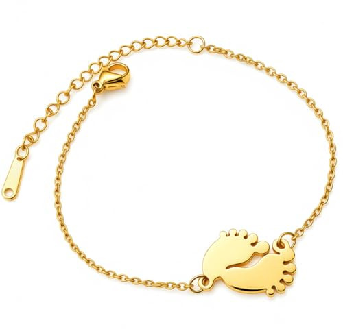 DEIMODRA - Bracciale Piedini Neonato in Acciaio, Ciondolo a Forma di Piedini, Regalo per Neo Mamma e Futura Mamma, Idea Regalo per Nascita, Colore Oro