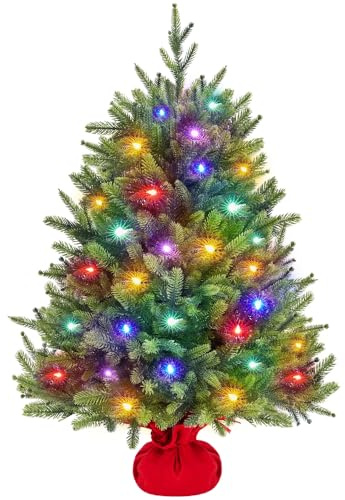 Yaheetech Mini Albero di Natale Artificiale con 50 Luci Piccolo da Tavolo con Base Portatile in Miniatura Realistico Ornamenti per Casa Ufficio Interno (Verde con Luci, 91 cm)