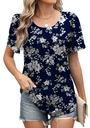 Blusa Mujer Manga Corta Estampado Floral - Camiseta Mujer Verano Cuello Redondo | Tunica Casual Elegante y Top Vintage para Diario y Campus