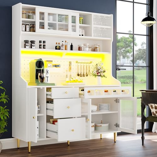 Huayz Armario alto para buffet, armario de cocina, armario de salón con estantes ajustables, con iluminación LED y botellero, 5 puertas y 3 cajones, para cocinas y comedores, 145 x 39 x 171 cm (blanco