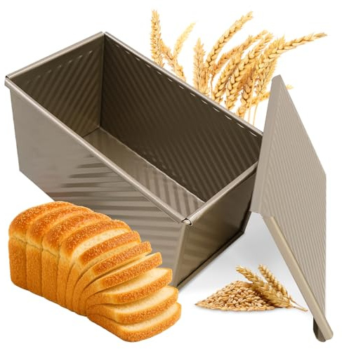 Vidoxdu Stampo per pane toast con coperchio, antiaderente, in acciaio al carbonio, con fori di ventilazione, per pane, torte, dolci (21 x 12 x 11,7 cm, oro)