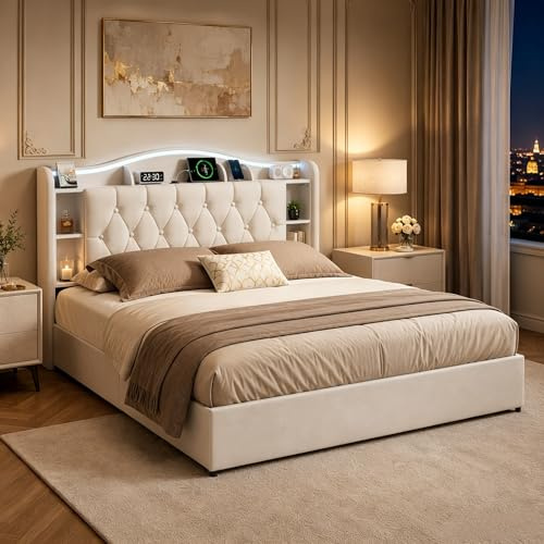 Letto Contenitore Matrimoniale 160x200 cm, Letto Baule con LED e Ricarica wireless, Letto imbottito con Contenitore e Testiera, Rete a Doghe in Legno, velluto, Senza Materasso (Beige B, 160x200)