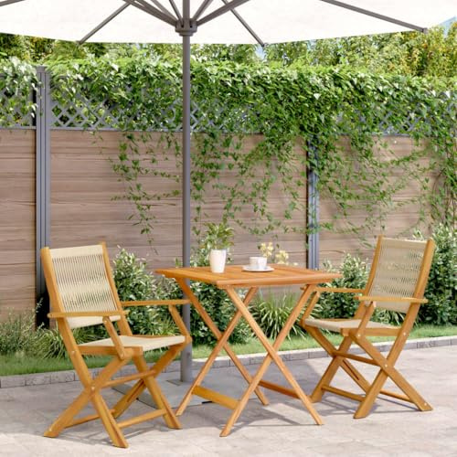 Mokuyary 3-delat bistro-set beige polypropen och massivt trä utomhus | Bord och 2 stolar sittgrupp, trädgårdsmöbelset, balkongmöbler utomhus möbelset för terrass, trädgård, balkong