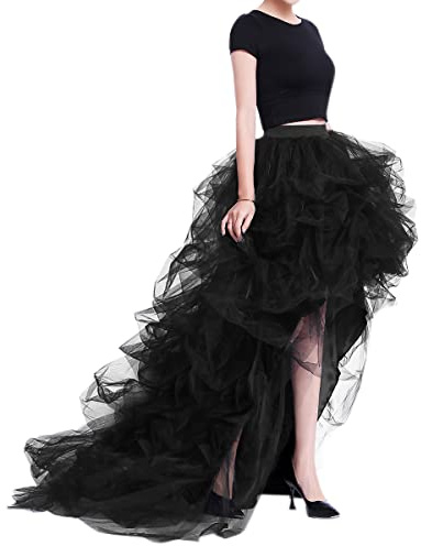 WDPL Women's Long High Low Ruffles Party Tulle Skirt (Black, X-Large)
