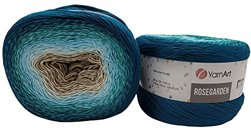 Yarnart Rosegarden, 500 Gramm Bobbel Wolle Farbverlauf, 100% Baumwolle, Bobble Strickwolle Mehrfarbig (blau türkis beige 324)