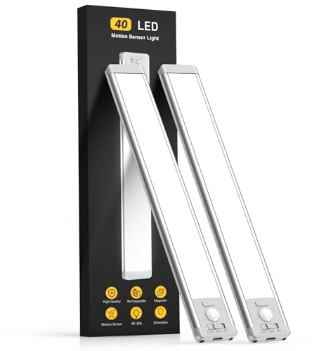 MCGOR 10inch Under Cabinet Lighting, 2 Pack Rechargeable Motion Sensor Light Indoor, 5 Levels Dimmable Magnetic Closet Lights, Wireless Under Counter Lights for Kitchen, Stairs