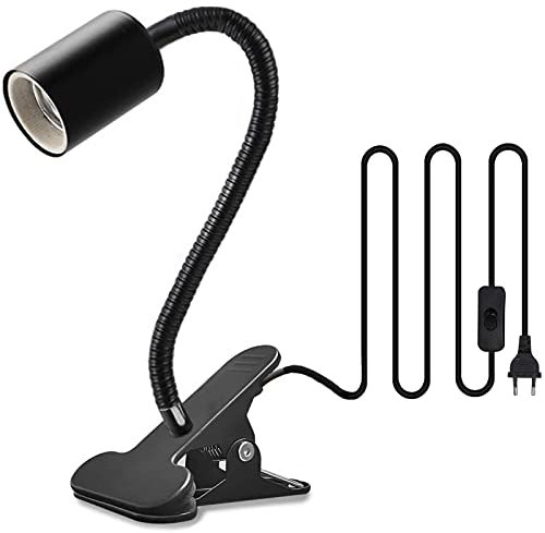 GOCBOBO Klemmleuchte E27 Lampenfassung Metall Klemmlampe 360° Einstellbar Flexiblem Schwanenhals Schreibtischlampe mit Schalter und Stecker für Reptilien Pflanze Beleuchtung Schwarz (Keine Glühbirne)