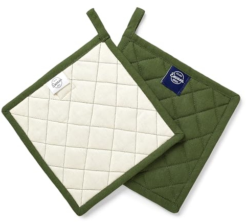 Encasa XO Presine in cotone resistente al calore con anello per appenderle - Set di 2 -Foglia verde - Presina da cucina, barbecue e microonde - 21 cm