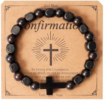 Eigso Perles en Bois Bracelet Croix pour Hommes Femmes Noir 8MM Perles Onyx Cadeau de Noël Bracelet pour Homme Femme