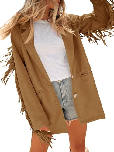 Cicy Bell Womens Faux Suede Fringe Jacket Casual Blazer Long Sleeve Lapel Button Front Suit Jackets Brown