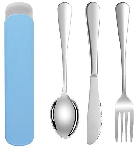 DOETYD Travel Cutlery Set 3 PCS Stainless Cutlery with Portable Pouch Case Reusable Fork Spoon and Chopsticks Set for Camping Picnic School Office Lunch (Blue)