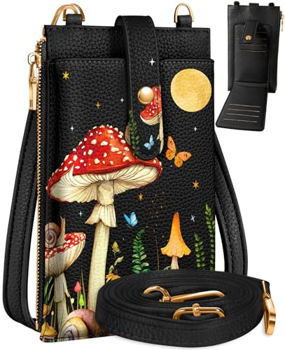 Miss Adola Phone Bag Crossbody for Women - Leather Mobile Phone Bags Black Mushroom Moon Ladies Phone Purse Bag with Shoulder Strap Cute Designer Aesthetic Cellphone Wallet
