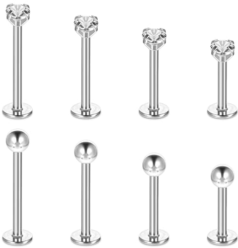 AOZUO 8Pcs Stainless Steel Lip Studs, 6-12mm Silver Labret Bars Nose Studs Piercing Jewelry Tragus Helix Cartilage Rhinestone Lip Studs Crystal Ball Earrings for Women Men