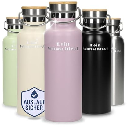 Personalisierte Trinkflasche 500 ml - doppelwandige Isolierflasche für kühle Getränke - Auslaufsichere Flasche für Arbeit, Sport & Wandern - Wasserflasche Edelstahl mit Henkel, Farbe:lila