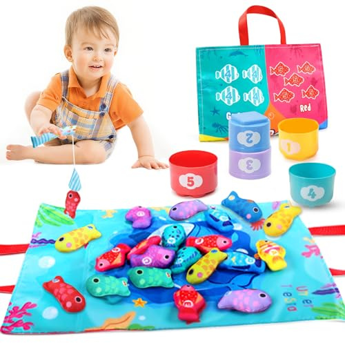 Pmueuff Juguetes Niños 1 Año, Juego Pesca de Tela con 15 Peces Colorido y 5 Taza Apilables Juguetes Montessori 1 Años Educativos Juguete Bebes Clasificación de Colores Regalos para Bebés 1 2 3 Años